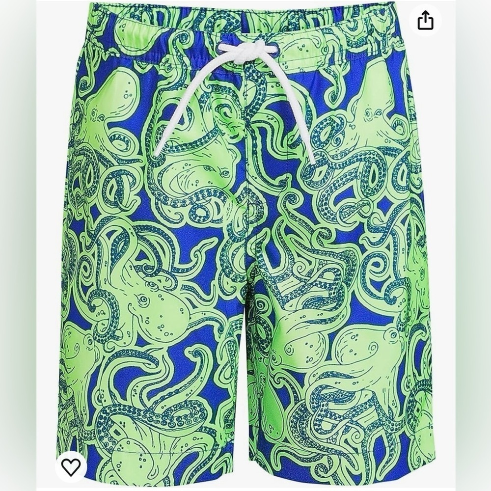 New Boys Lands' End Husky Printed Electric Blue Octopus Volley Swim Trunks